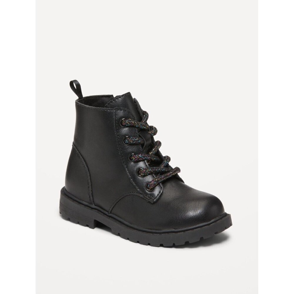 Old Navy Faux-Leather Side-Zip Black Boots Toddler Girls XS Black Sparkle Laces - Picture 7 of 13